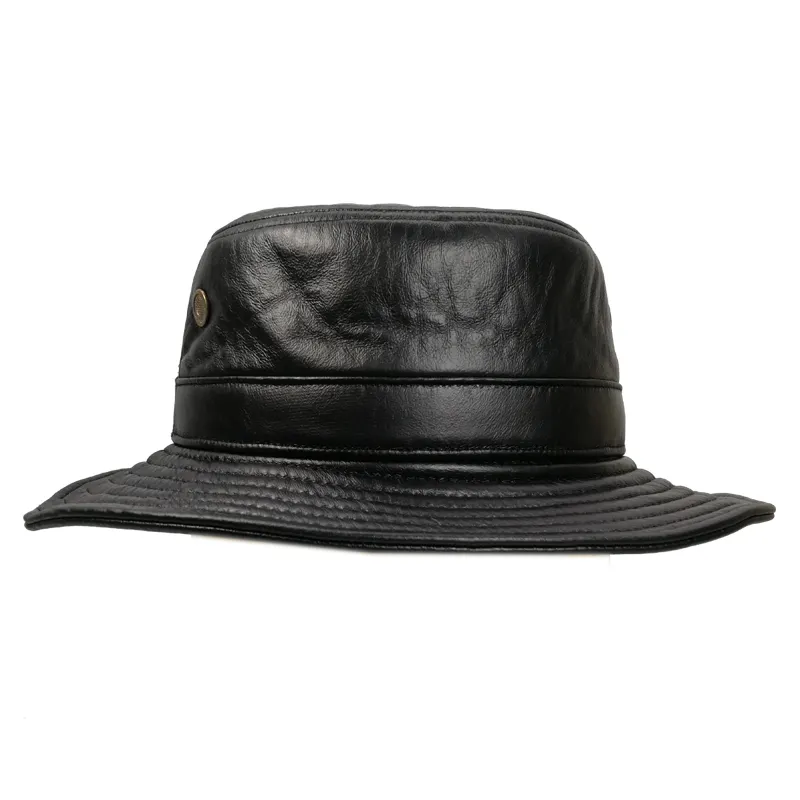Özel LOGO yüksek kaliteli siyah deri işlemeli kova şapka
