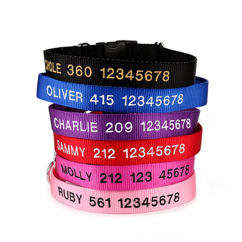 Prodotti per animali domestici collare per gatti ricamato in Nylon Logo multicolore collana con collare per cani impermeabile personalizzato per piccoli animali domestici