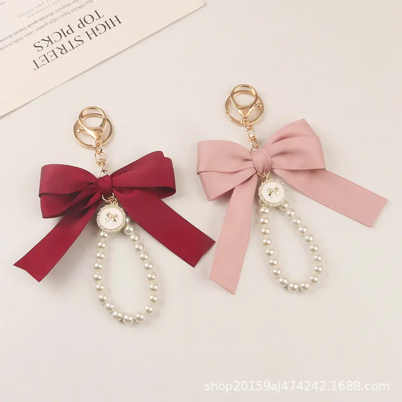 Large bow pearl keychain pendant creative colorful webbing knot accessories headphone bag accessories