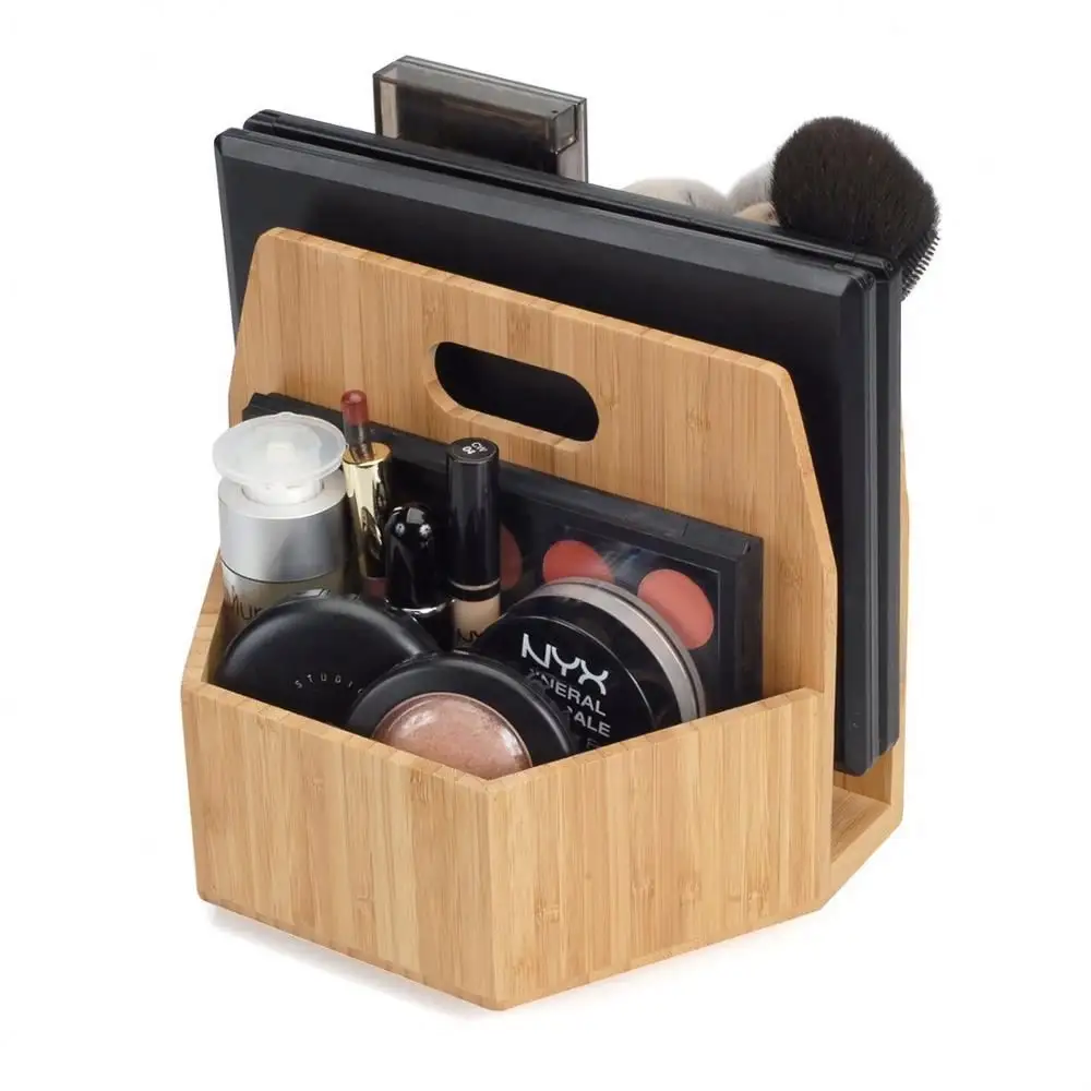 Qiao — organiseur de maquillage en bois de bambou, plateau à support rotatif, rangement de cosmétiques, support de Palette, compartiments pour brosses, carillon de table