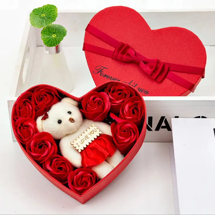 Migliore regalo di nozze a forma di cuore sapone fiore artificiale fiore di rosa fiori con piccolo teddy bear in contenitore di regalo