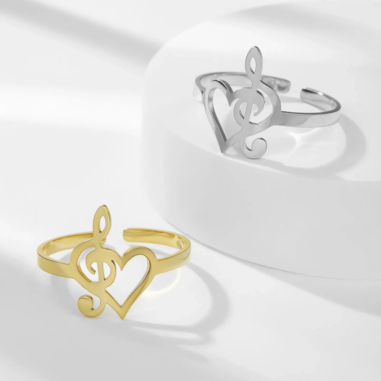 Elegante anillo abierto de acero inoxidable corazón nota Musical ajustable dedo accesorios nueva moda joyería especial regalo para mujeres