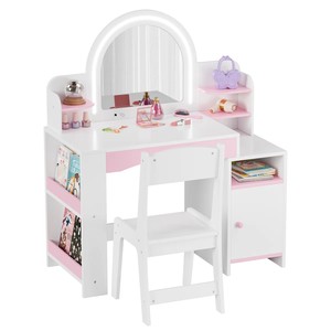 ホワイトカラーLEDドレッシングテーブル収納棚とキャビネット付き子供用女の子ミラーとスツール付き子供用バニティセット - Product Image 1