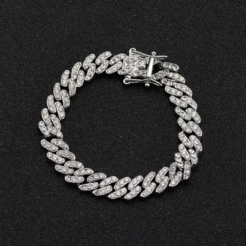 RQ iced out cuban chain Alloy Rhinestones 9mm Cuban Link Chain Necklace Bracelets Cheap Rapper Jewelries cadenas de oro