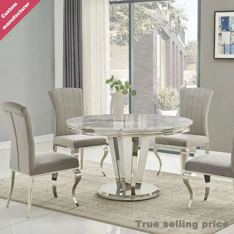 Hochwertige heiß verkaufte Luxus Wohn möbel Marmorplatte 6 Sitzer rechteckigen Edelstahl Tisch und Stuhl Ess-Set