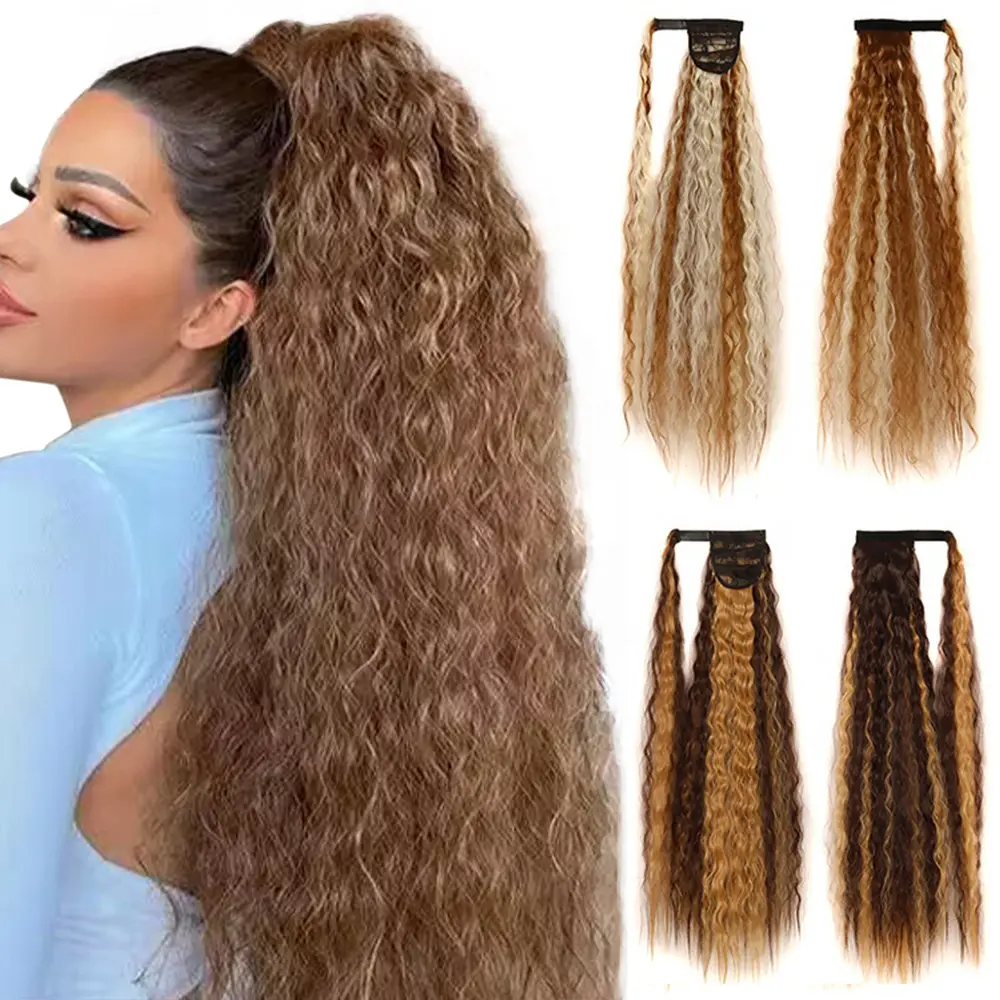 High Quality 22 Inch Drawstring Ombre Corn Wavy Curly Ponytail Clip In Pony Tails Hair Extensions