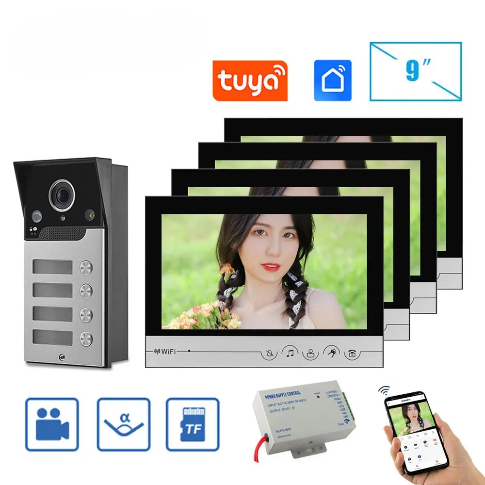Tuya Wifi 9 Inch Monitors 2/3/4 Apartment/family Video Door Phone Intercom System Ir Doorbell Waterproof Camera Access Control