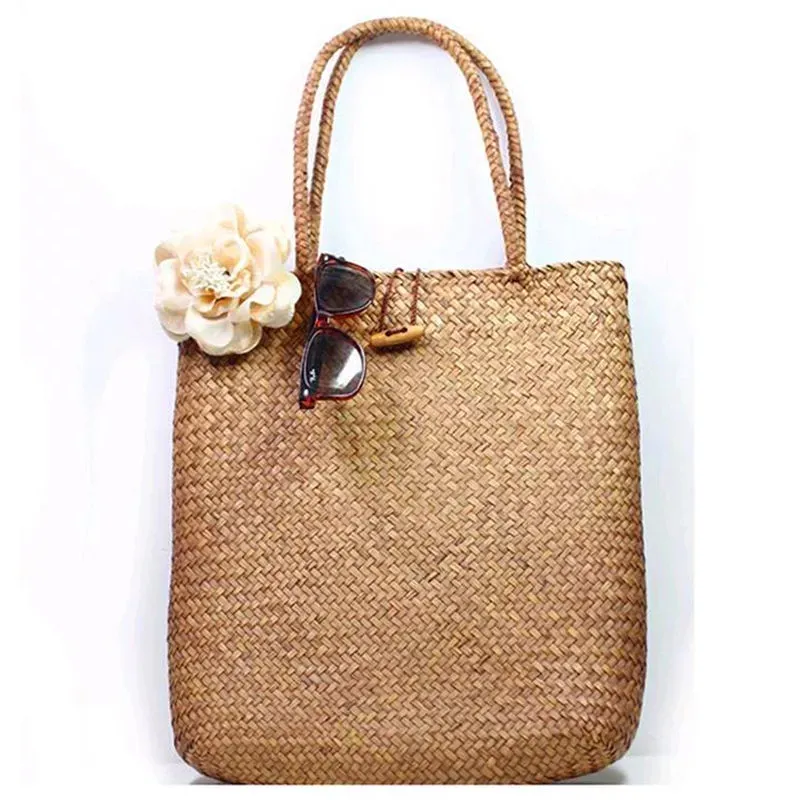 Bolsa feminina de palha natural, bolsa casual de ombro feita à mão, cesto para compras