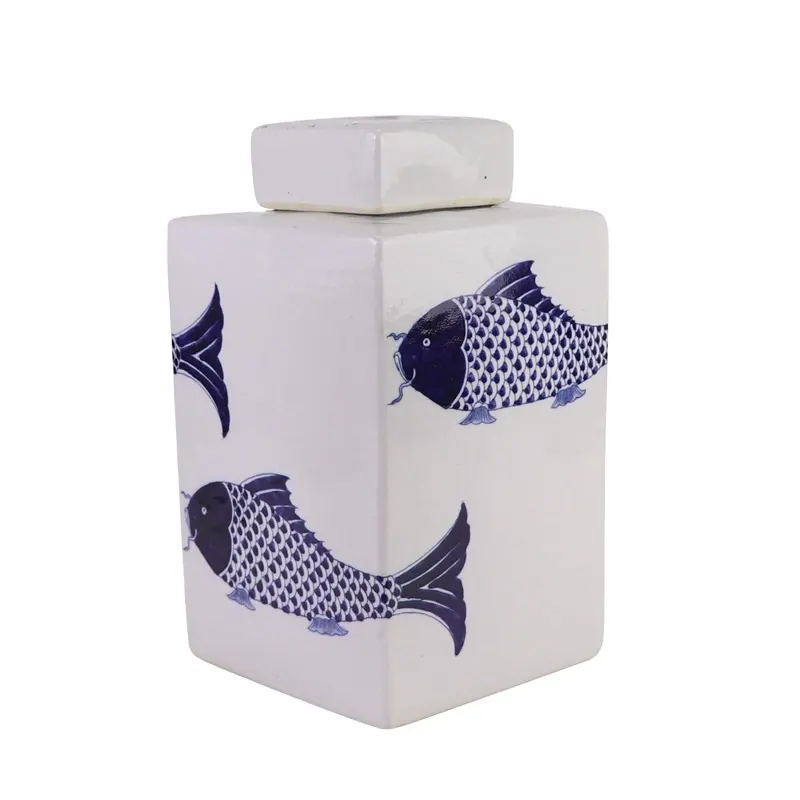 Jingdezhen-maceta cuadrada de cerámica con diseño de peces, RYQQ10-F pintado a mano, azul y blanco