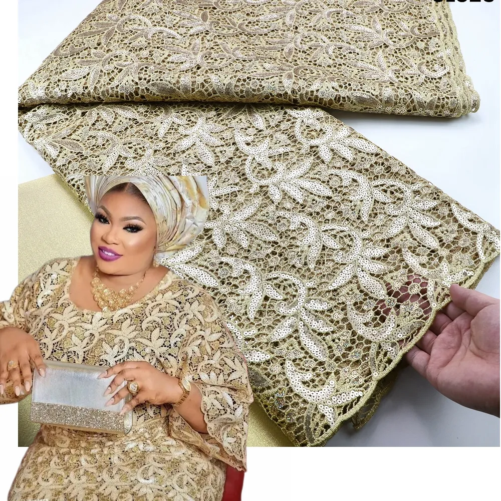 Tissu de luxe meilleure qualité dentelle africaine Guipur dubaï Soluble dans l'eau broderie doux paillettes dentelle tissu pour mariage du moyen-orient