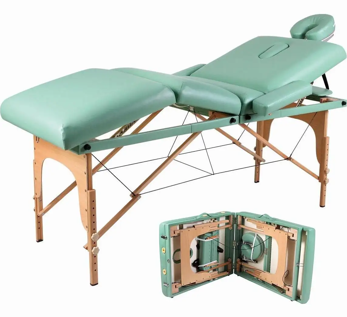 Mesa de masaje de madera plegable de cuatro secciones, cama de belleza ajustable, tatuaje, mesa de spa