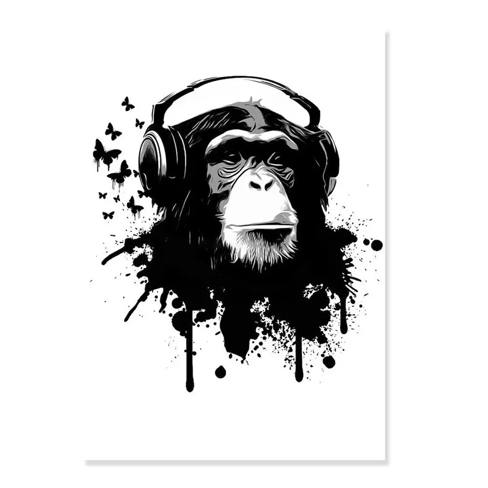 Decoración de pared única escuchar música mono cuadros al óleo sobre lienzo 100% hecho a mano negro orangután Animal pintura al óleo