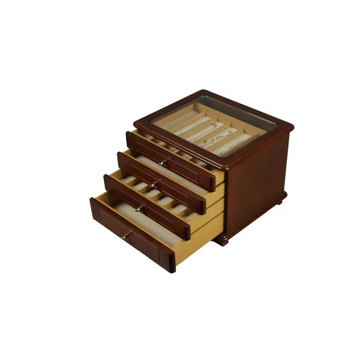 Decorative Storage Jewelry Box Wooden Cabinet Treasure Chest Slid MDF Matt Glass Top Wood Luxury Custom Packaging 4 Drawers DS