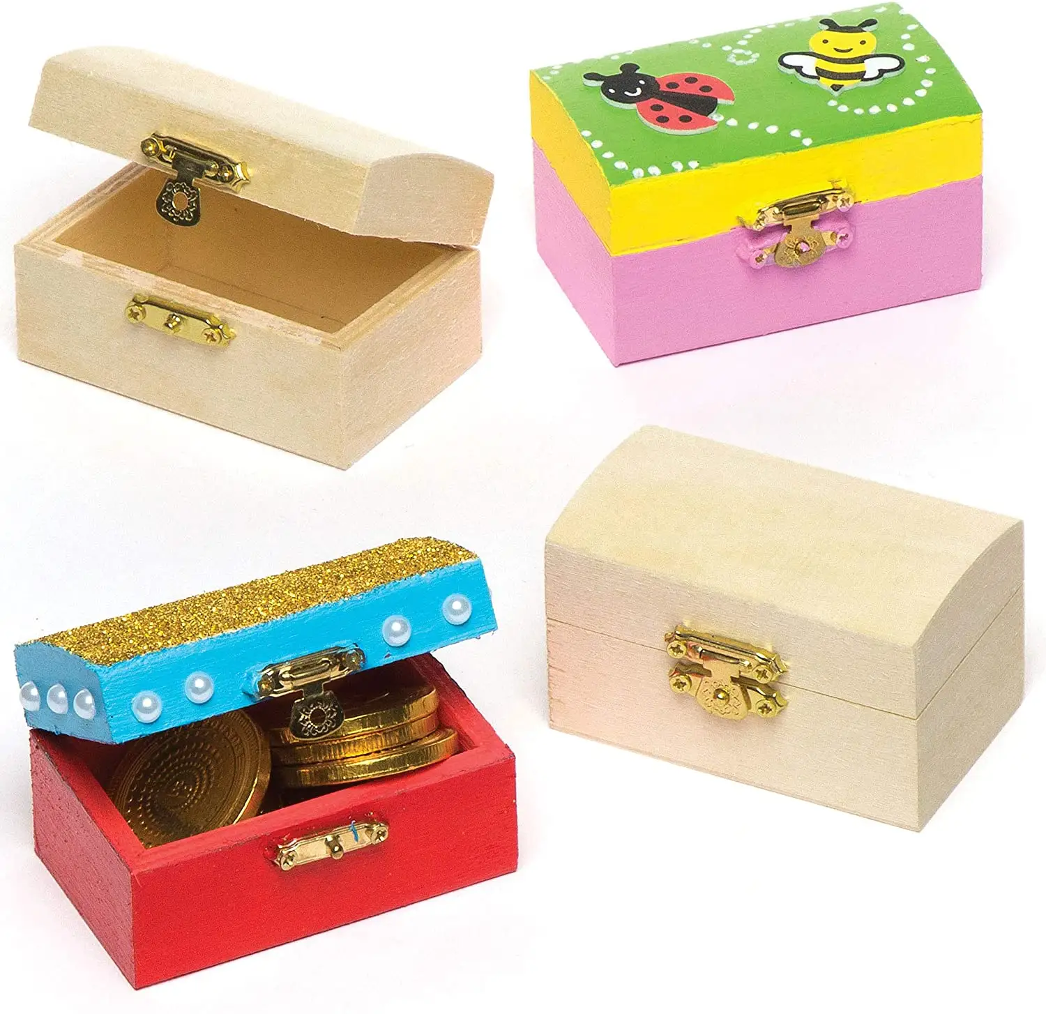 Caja de madera para joyería, cofres del Tesoro, artes creativas y artesanías para niños (paquete de 4)2021