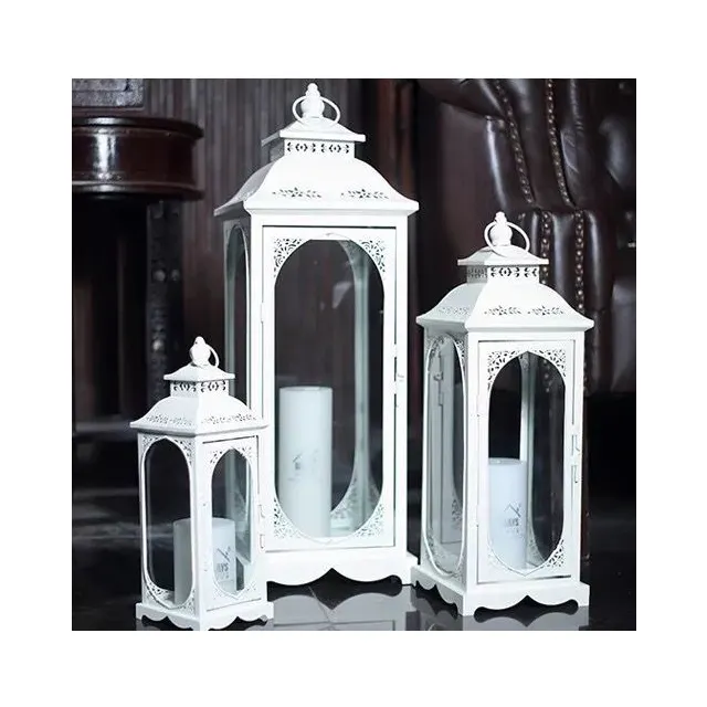 Decorazioni per la casa all'ingrosso grandi lanterne in vetro di ferro candelabri in metallo bianco lanterna a candela per la decorazione domestica di interni ed esterni