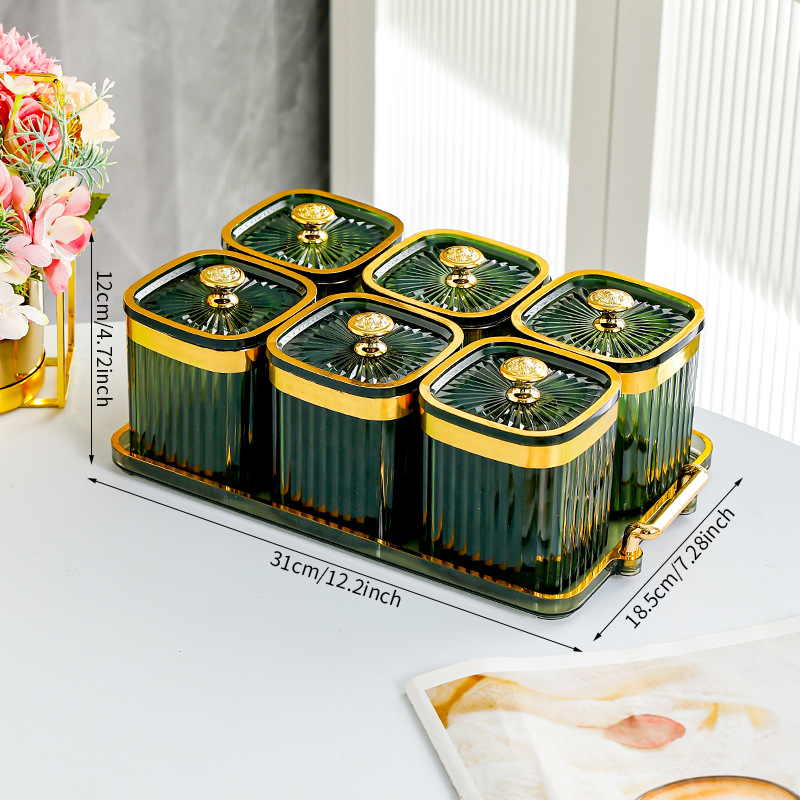 Fruit Green Square Jar with 6 Compartments - T-shaped Gold Handle