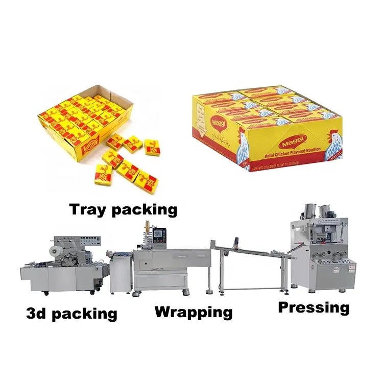 Otomatik tavuk suyu küpleri üretim hattı bulyon küp makine çeşni kübü paket makinesi