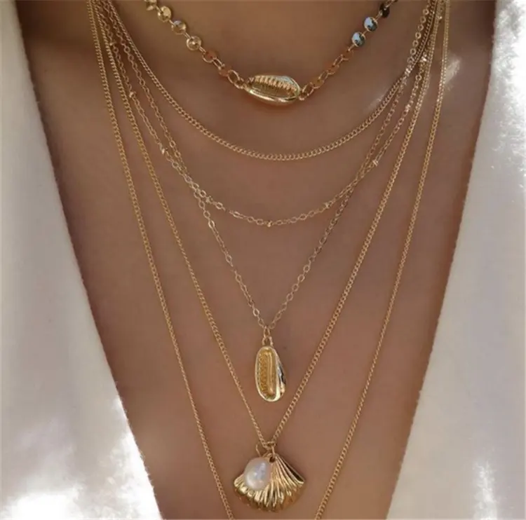 Boho de moda perla Multi capa Color oro Concha collar de colgantes para las mujeres océano Concha playa collar de la joyería