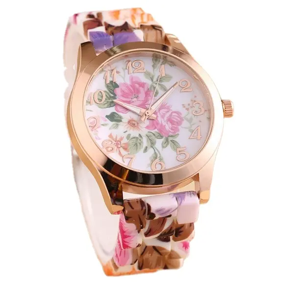 Flor impresa silicona señora relojes de lujo para niña muñeca oro Unisex caja de plástico reloj analógico foto Dial reloj de silicona