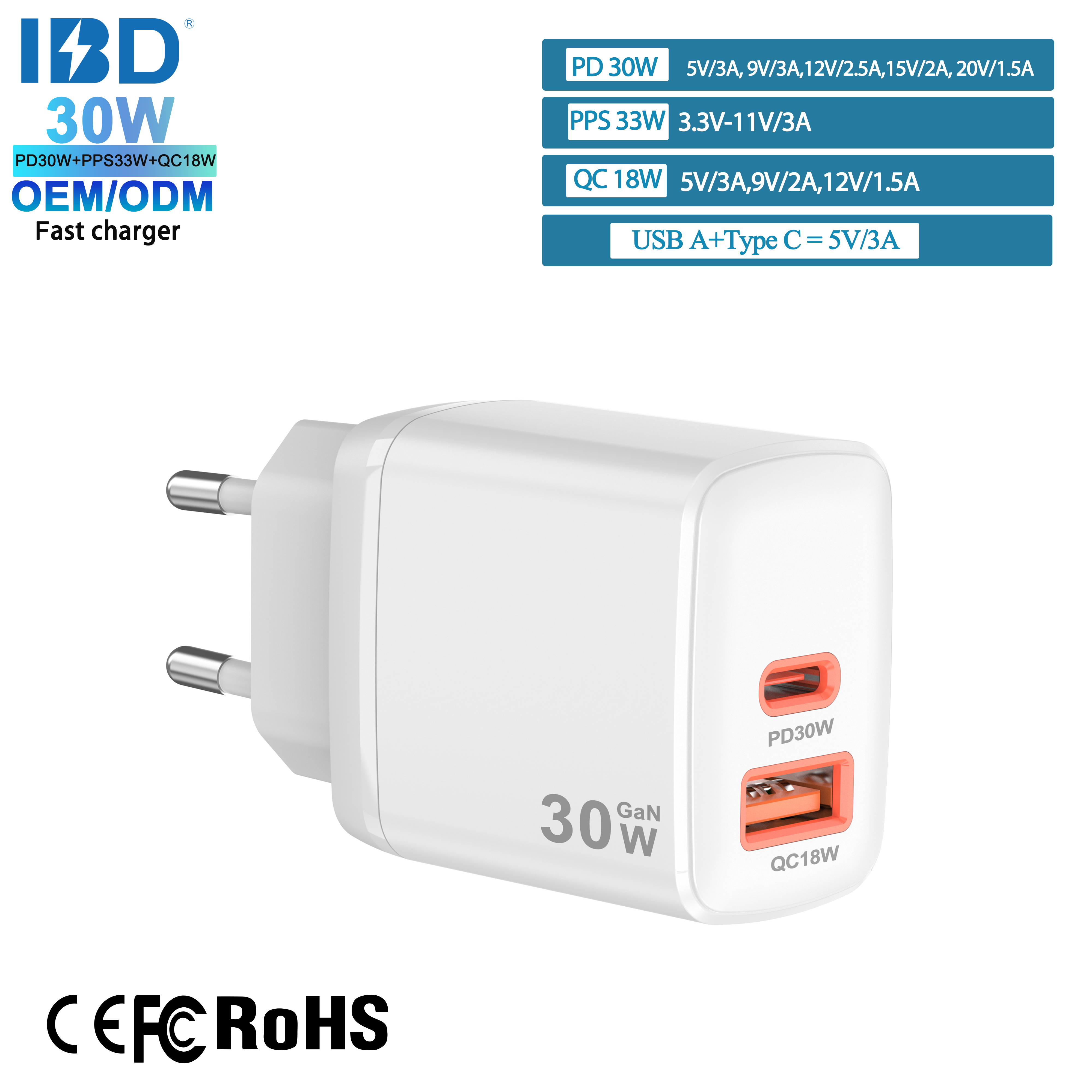 Cargador de pared rápido blanco 1UC PD30W+QC18W con enchufe europeo