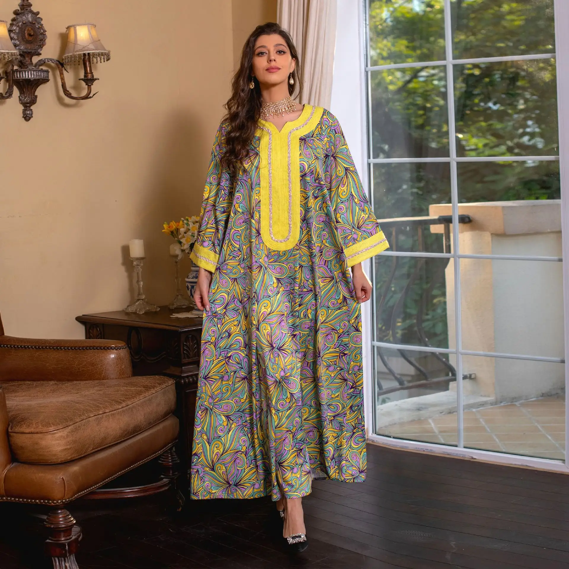 2023 New Dubai marocco Abaya Dress donna elegante nastro etnico Trim manica lunga sciolto arabo Jalabiya musulmano turco Eid vestiti