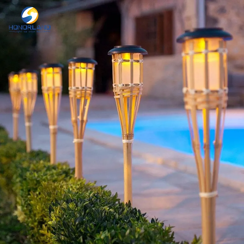 Solar-Graslicht für den Außenbereich handgewebtes Rattan-Solar-Bambus-LED-Torch-Graslicht mit tanzender flachender Flamme für den Garten