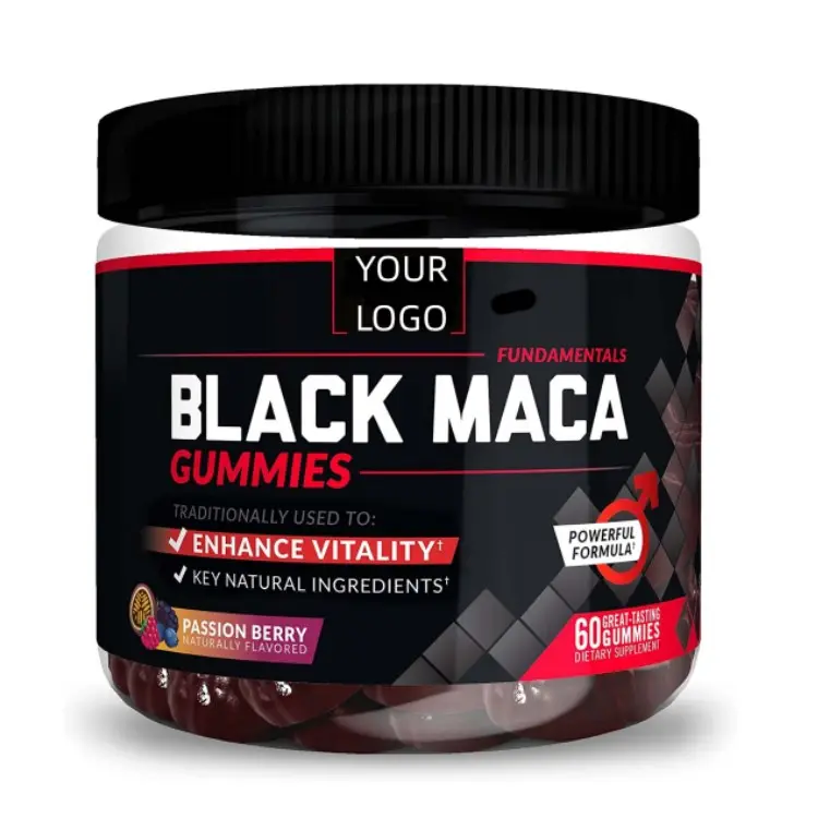 Gommes de Maca noires de marque privée OEM/ODM 60 gommes de racine de Maca pour améliorer la vitalité chez les hommes et les femmes, augmenter l'énergie et la force