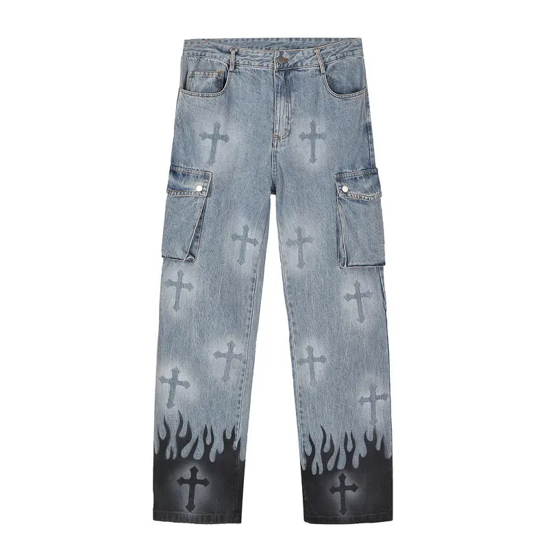 High Street Celana Kasual Banyak Saku Pria, Jeans Hip Hop Hiphop Lurus Longgar Grafiti Retro