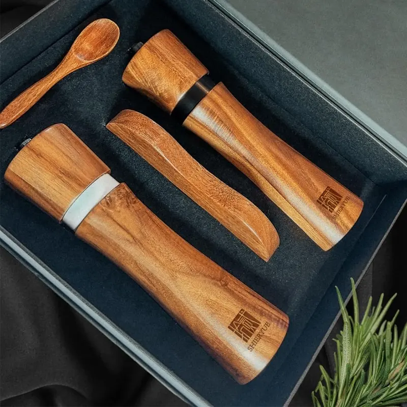 Acacia Set penggiling garam dan lada, penggiling kayu garam dengan piring dan sendok Manual