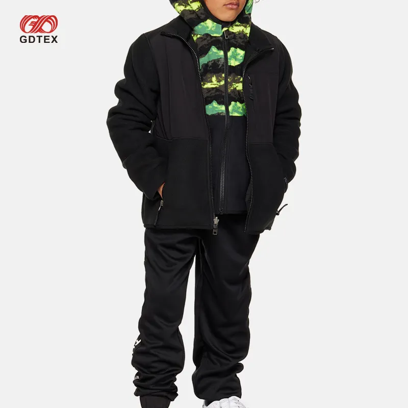 GDTEX Custom Vintage black fleece nylon hooded pocket zipper taffeta jacket and pants streetwear 2pcs set children clothing set
