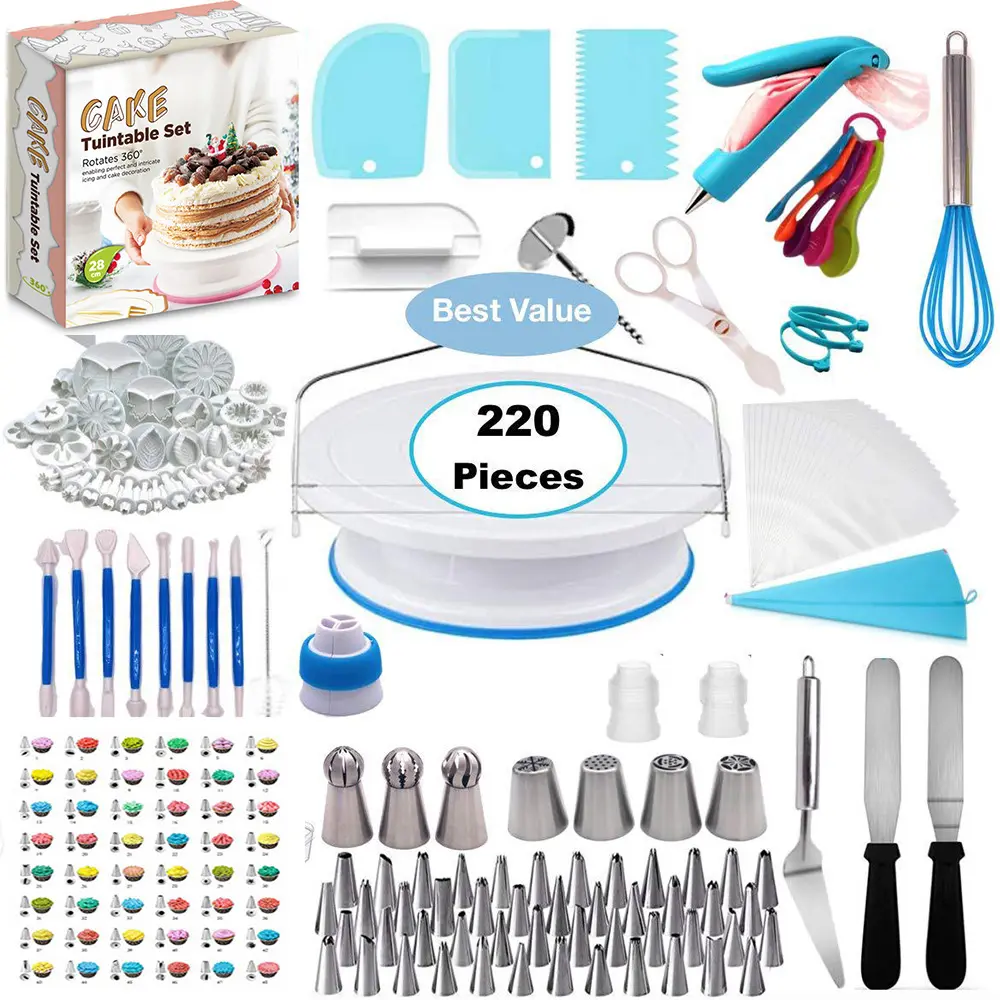 Kit alat Dekorasi kue, 220 buah dudukan meja putar dengan ujung pipa icing set nozzle