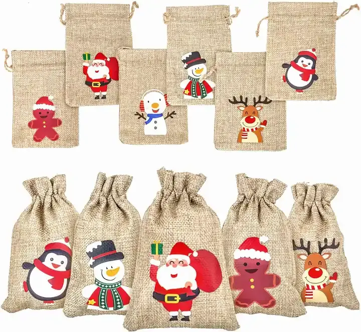 Venta al por mayor pequeñas bolsas artesanales de yute Goodie bolsas reutilizables con cordón presenta bolsa Navidad arpillera bolsas de regalo con cordones