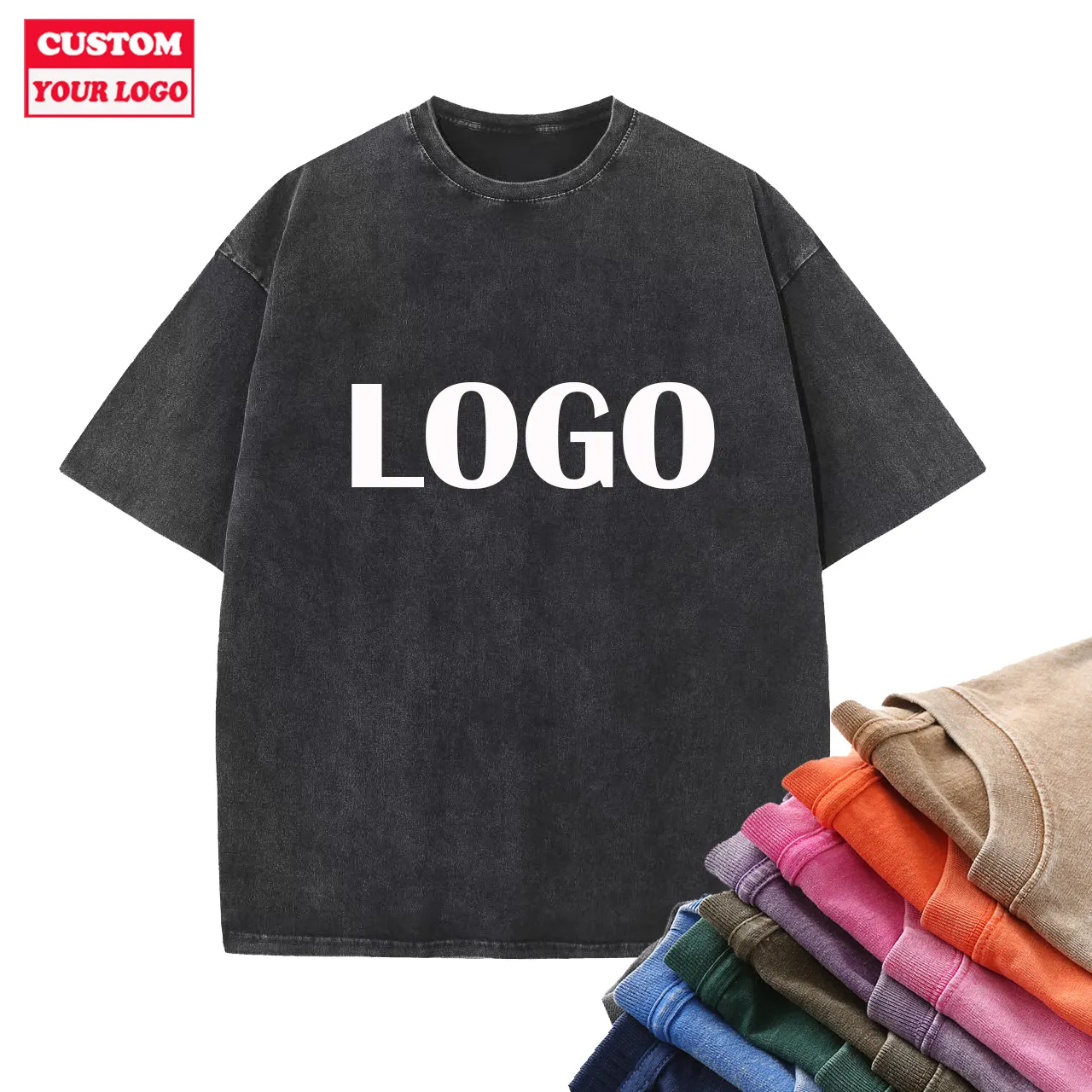 Heavyweight Algodão Com Logotipo Pedra Homens Mulheres Angustiado t-shirt tshirt dtg Impressão Oversize Preto Personalizado Vintage Acid Wash t shirt