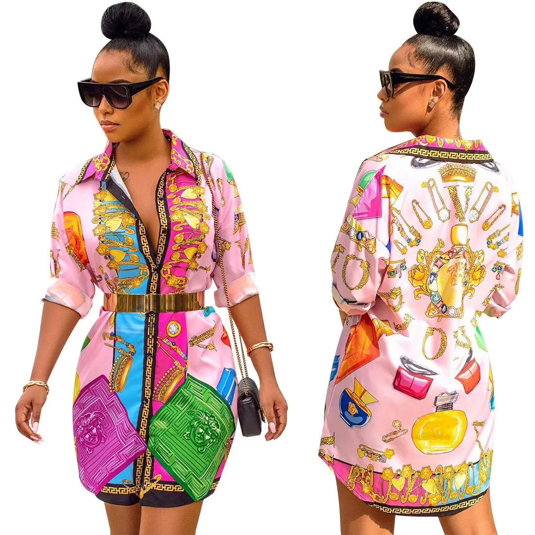 2022 abiti da camicia oversize con bottoni stampati multicolori a maniche lunghe da donna di lusso