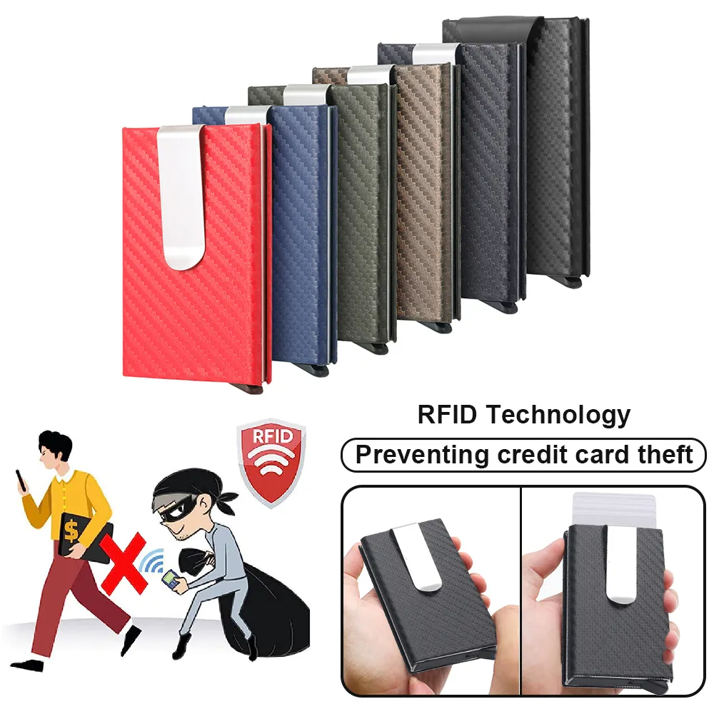 Minimalist alüminyum PU karbon fiber desen RFID kart tutucu para klipsi ile erkekler, kadınlar