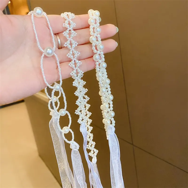 Diadema de perlas de cristal de doble uso, adornos para el pelo, lazo, cinta para el pelo, collar de hilo de red