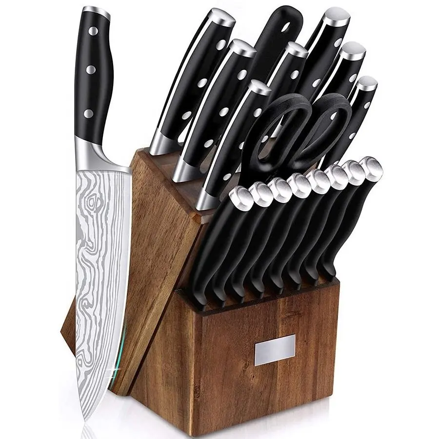 Custom damascus pattern german steel kitchen knives with wooden block scissors sharpener chef knife forged kitchen knife
