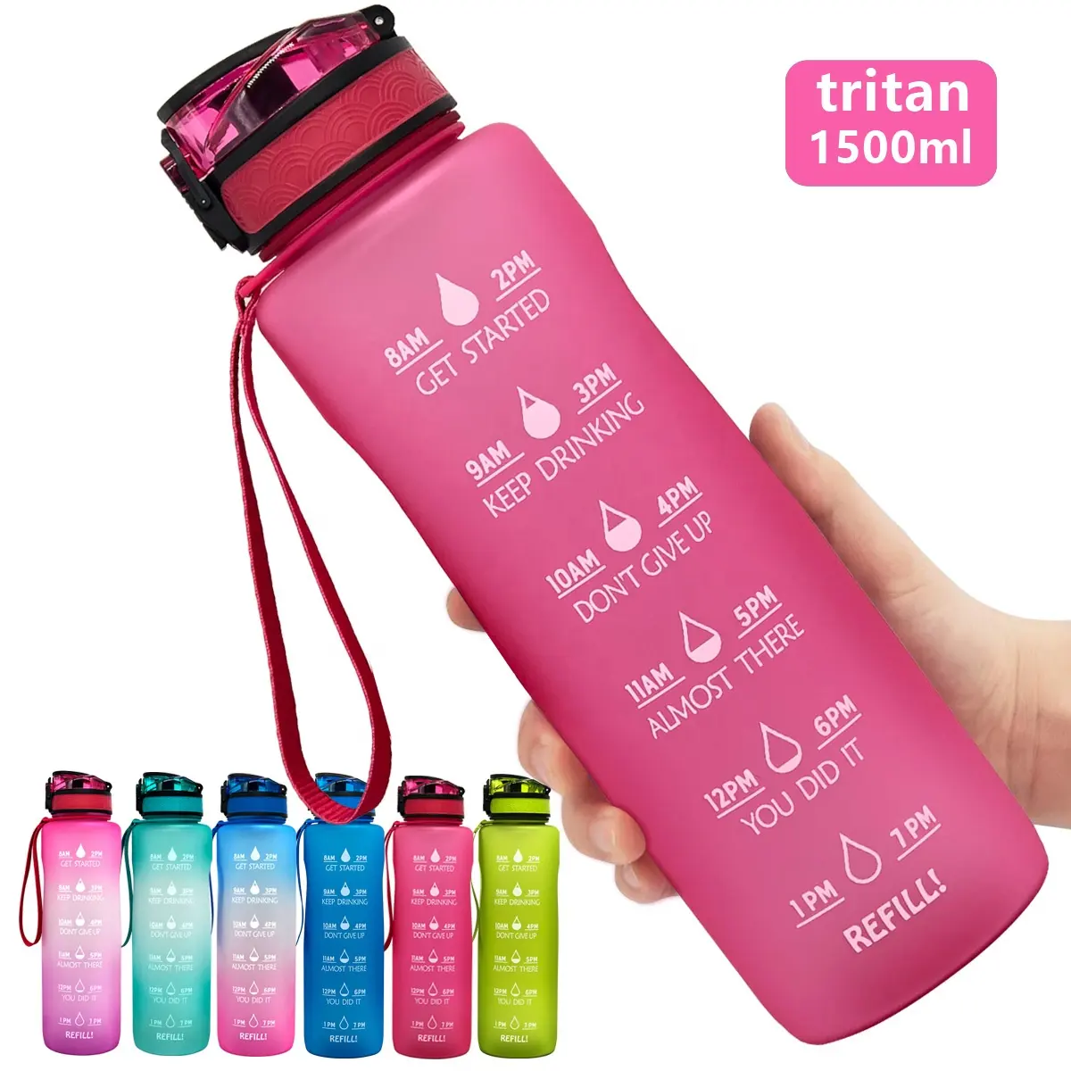 Botella de agua de plástico de 1,5 litros para fitness, libre de BPA, Tritan, deporte de lujo, color rosa, 1,5 L, con marcador de tiempo motivatorio