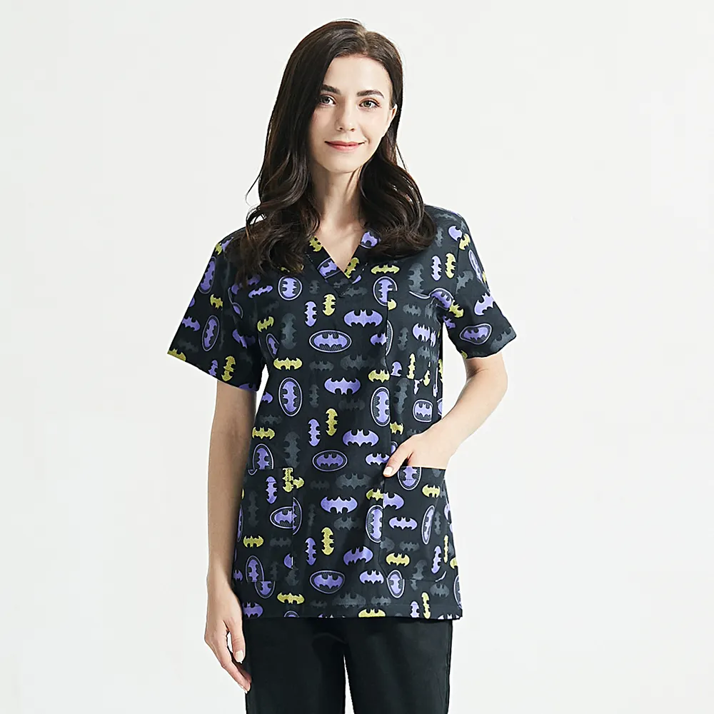 New Medical Clothing Matching Women Men Cartoon Print 100% Cotton Hospital Nursing Scrubs Tops Clinical Uniforms Surgical shirt