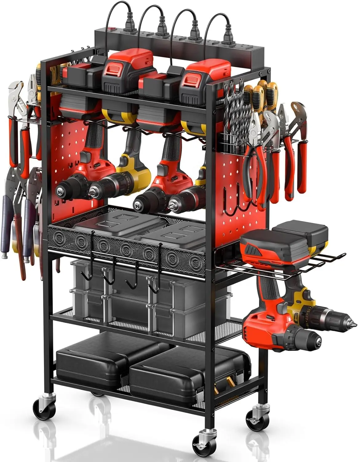 Organizador de herramientas eléctricas, estante de exhibición de herramientas de 4 capas, carrito con ruedas, estante de almacenamiento de perforación, organizadores de herramientas de garaje