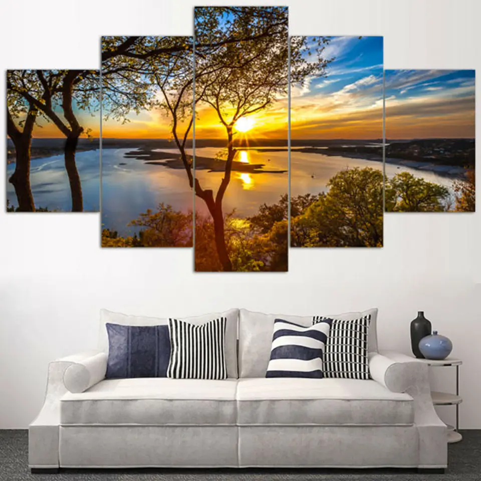 Carteles, arte de pared de decoración para el hogar moderno 5 Panel hermoso amanecer paisaje Natural HD pintura Modular fotos lienzo