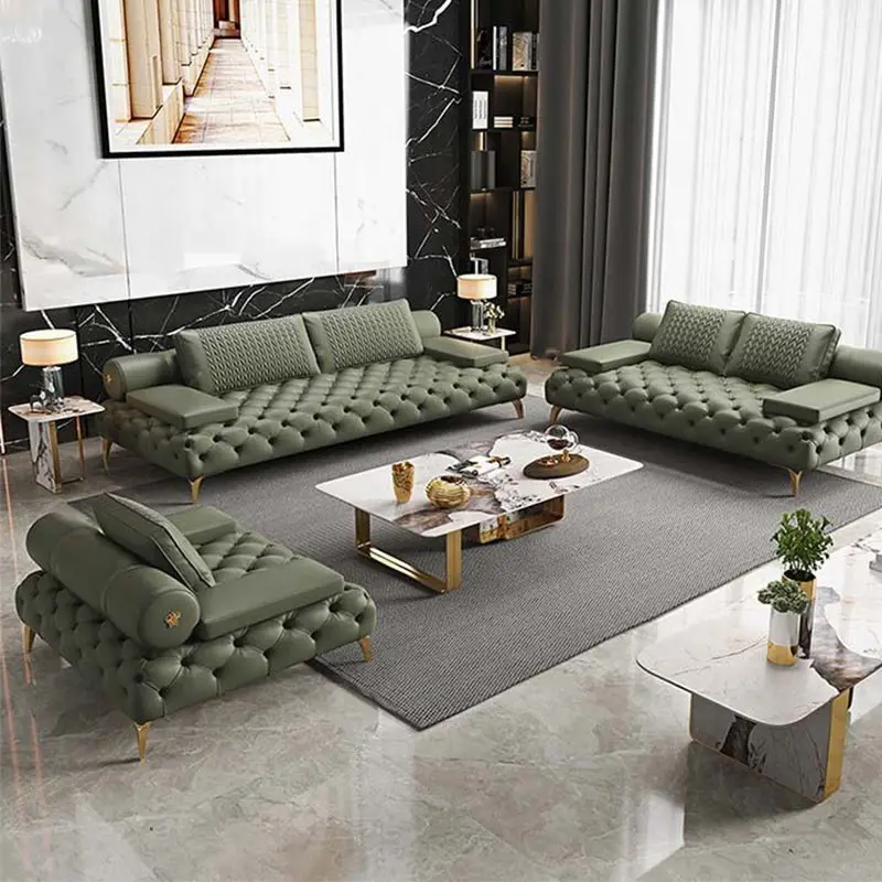 Juego de sofás de cuero Chesterfield tapizados de estilo europeo americano para dormitorio de Hotel muebles de sala de estar sofá en forma de L