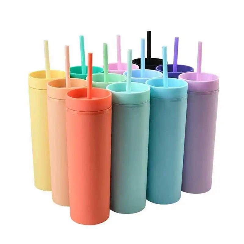 Vasos de plástico reutilizables con pajita, vasos de acrílico delgado de color Pastel, mate, 16oz, 450ml, venta al por mayor