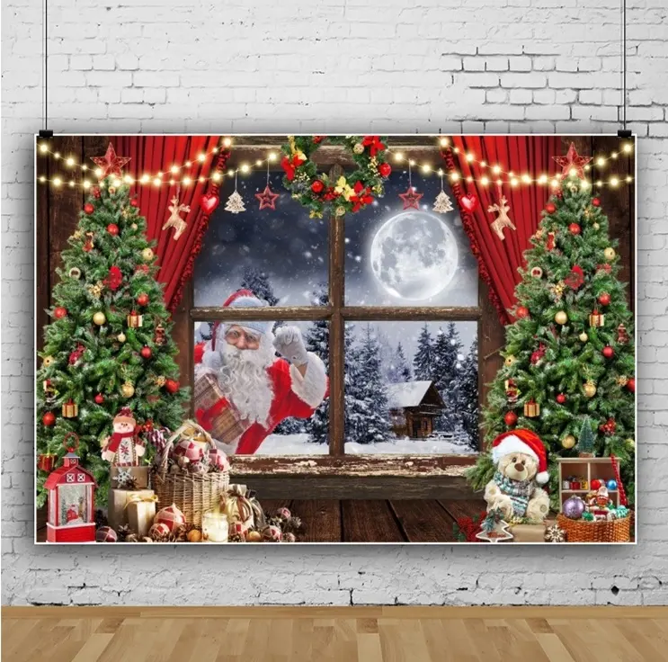 7x5ftクリスマスウィンドウ写真背景ドアグリッタークリスマスツリーおもちゃ屋キッズ家族の肖像画の装飾背景写真スタジオ