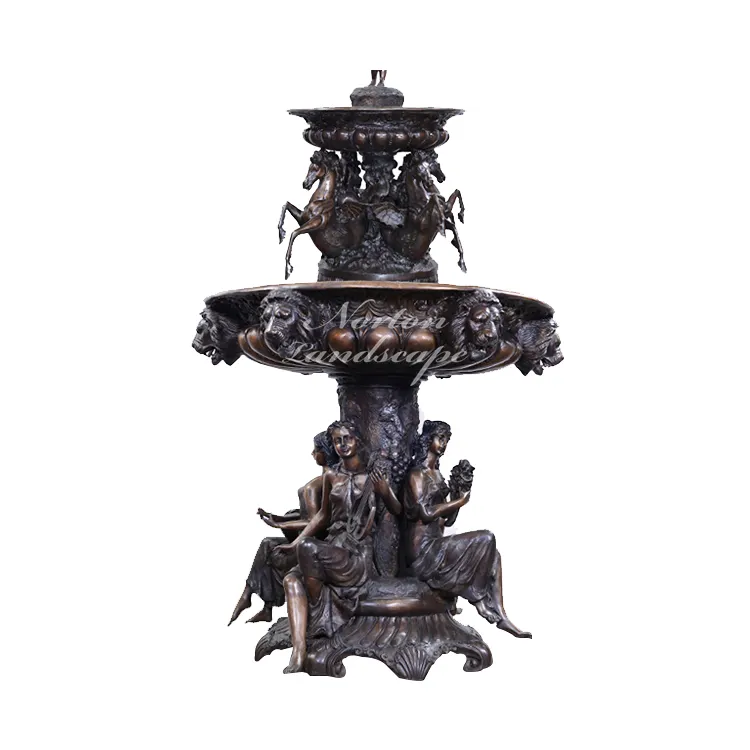 Outdoor garden decor antico di fontana del metallo di grandi dimensioni in ottone bronzo fontana con la donna e statue di cavalli