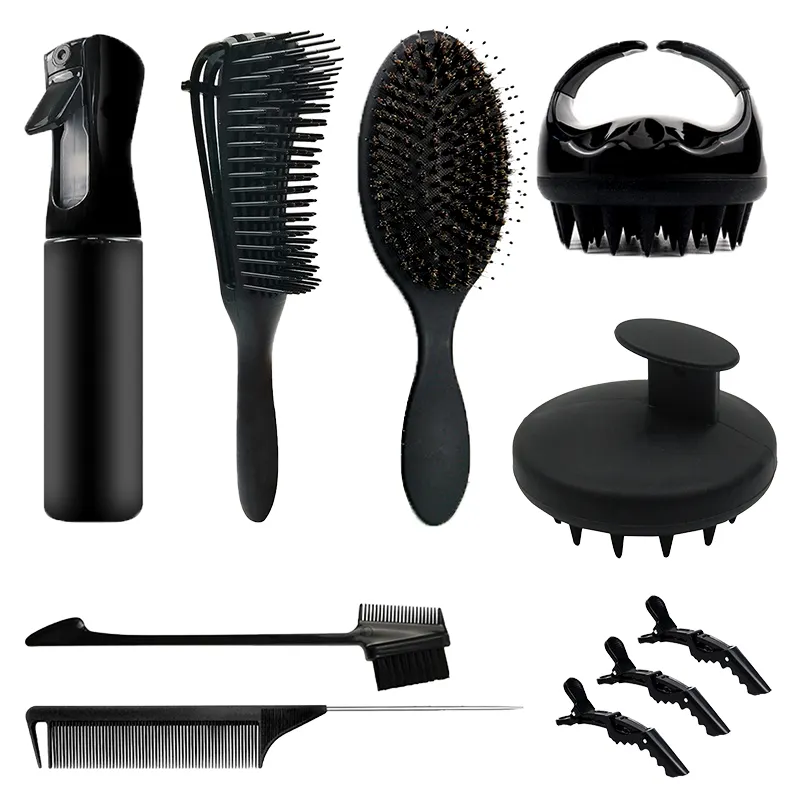 Barber Salon Hair Clips Edge Brush Hair Brush And Comb 10Pcs Set Custom Logo Scalp Massager Detangling Hair Brush For Women