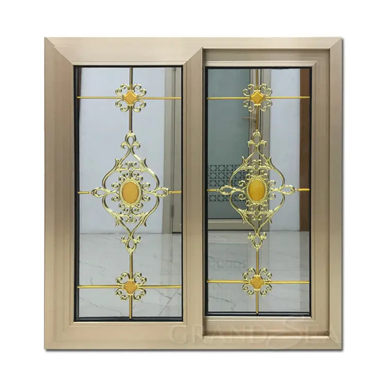 Champagne marco de aluminio de doble de templado de vidrio de ventana con flor de diseño de la parrilla