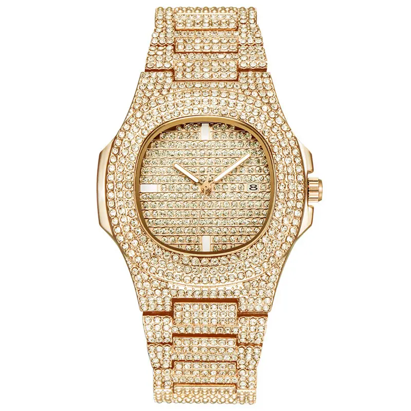 Hiphop-relojes de cuarzo con fecha helada para hombre, pulsera de marca de lujo, oro, cz, diamante, micro pavé, 2019