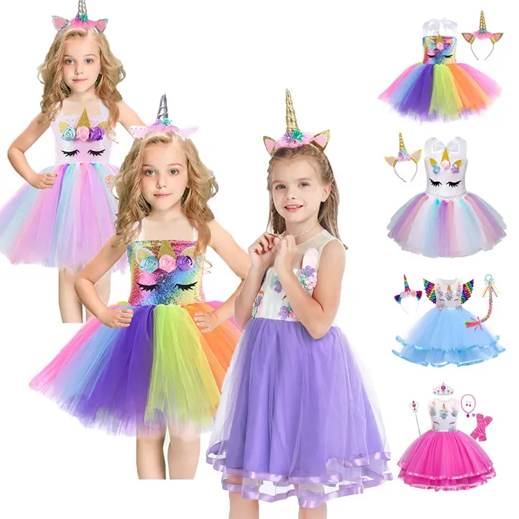 Vestido con tutú de unicornio y flores para niñas, disfraz de fiesta de cumpleaños, ropa de carnaval de verano, vestidos de 2 a 12 años