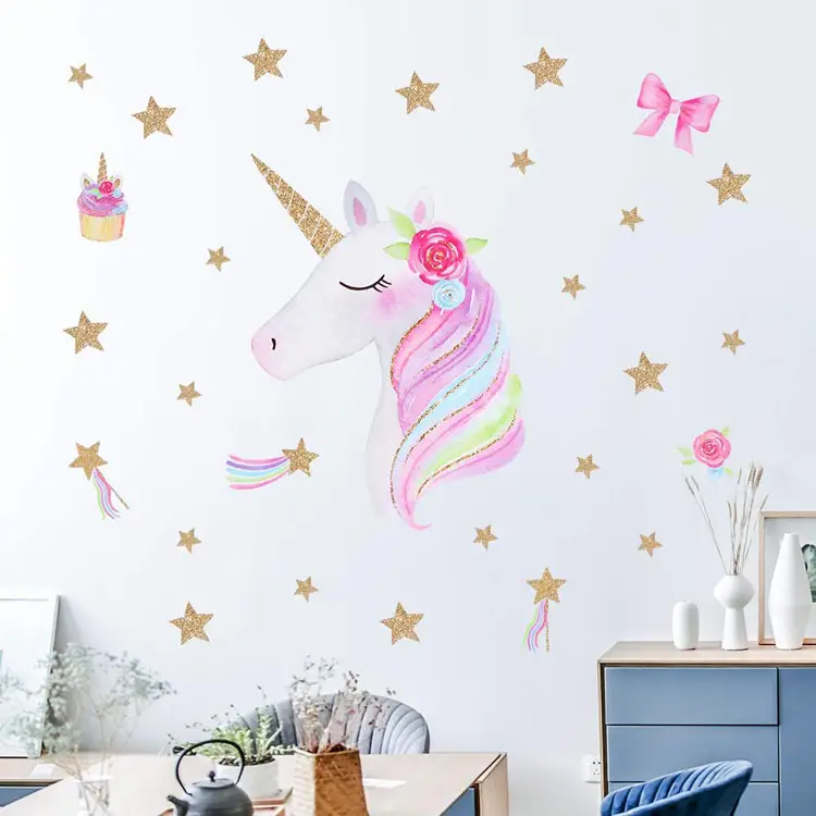 Adesivo decorativo para meninas de unicórnio, estrelas brilhantes removíveis e coração adesivos de parede para crianças, decoração diy